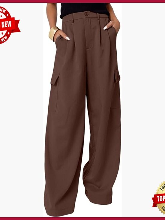 Pants - High Waisted Wide Leg Cargo Pants with 4 Pockets Casual Work Pants